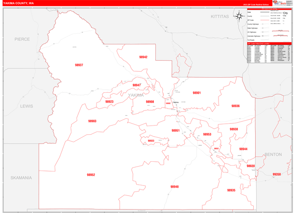 Yakima County Wall Map Red Line Style