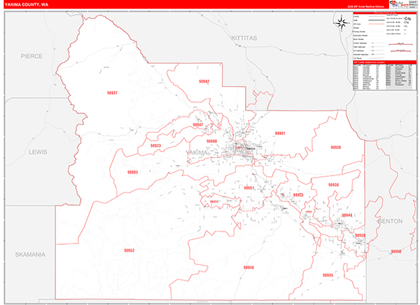 Yakima County, WA Wall Map Red Line Style