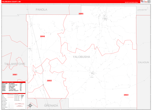 Yalobusha County Wall Map Red Line Style