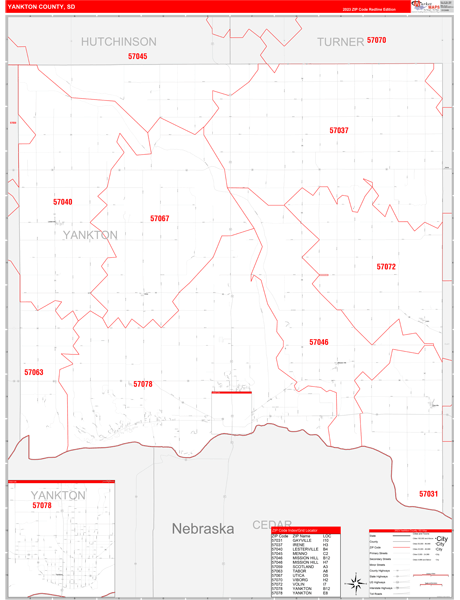 Yankton County, SD Wall Map Red Line Style