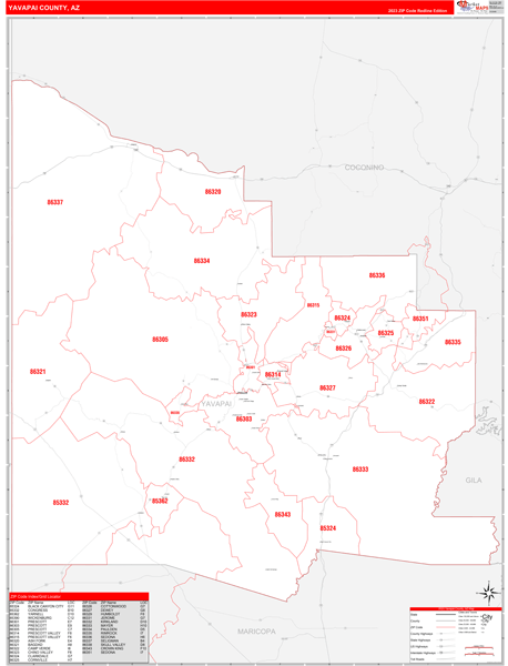 Yavapai County, AZ Zip Code Wall Map Red Line Style by MarketMAPS