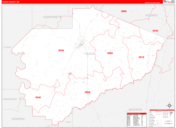 Yazoo County Wall Map Red Line Style