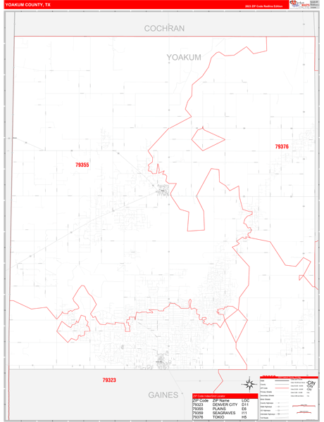 Yoakum County, TX Wall Map Red Line Style