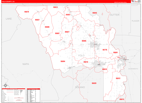 Yolo County, CA Wall Map Red Line Style