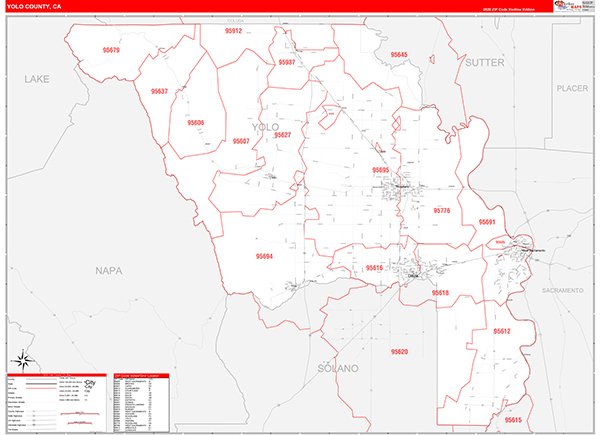 Yolo County, CA Map Red Line Style