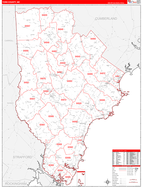 York County, ME Wall Map Red Line Style