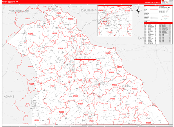 York County, PA Wall Map Red Line Style