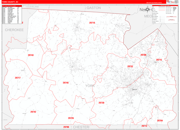 York County, SC Zip Code Wall Map