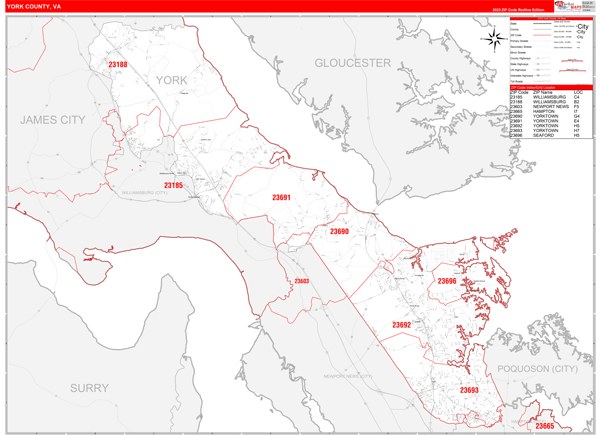 York County, VA Wall Map Red Line Style