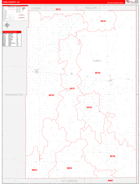 Yuma County, CO Zip Code Wall Map Red Line Style by MarketMAPS - MapSales