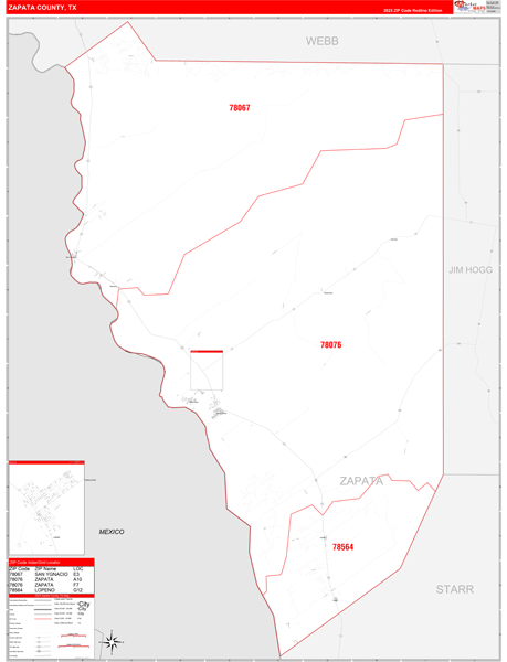 Zapata County, TX Wall Map Red Line Style