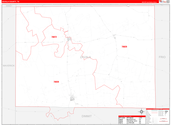 Zavala County, TX Wall Map Red Line Style