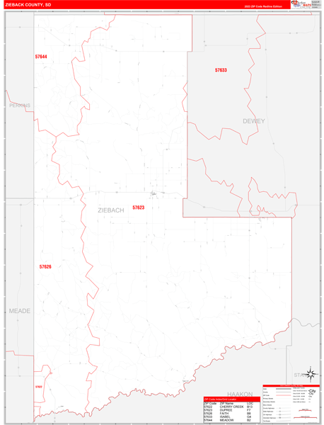 Ziebach County Digital Map Red Line Style