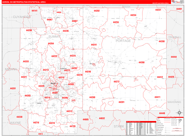 Akron Metro Area Wall Map Red Line Style