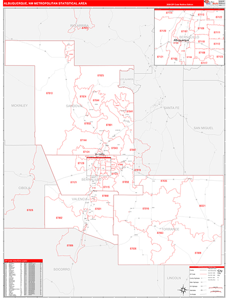 Albuquerque Metro Area Wall Map Red Line Style