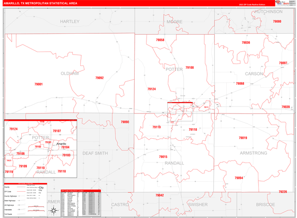 Amarillo Metro Area Wall Map Red Line Style