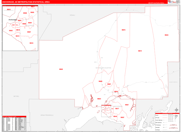 Anchorage Metro Area Wall Map Red Line Style