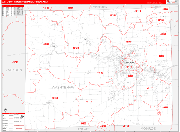 Ann Arbor Metro Area, MI Zip Code Wall Map - Red Line