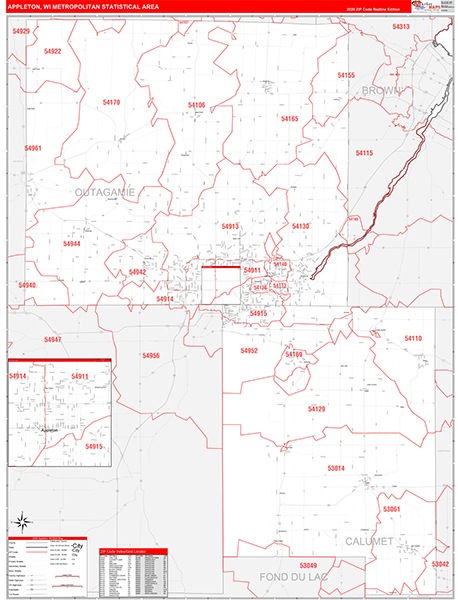 Appleton Metro Area Wall Map Red Line Style