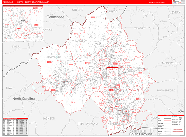 Asheville Metro Area Wall Map Red Line Style