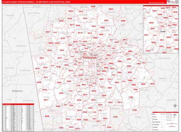 Atlanta-Sandy Springs-Roswell, GA Metro Area Wall Map Red Line Style by ...