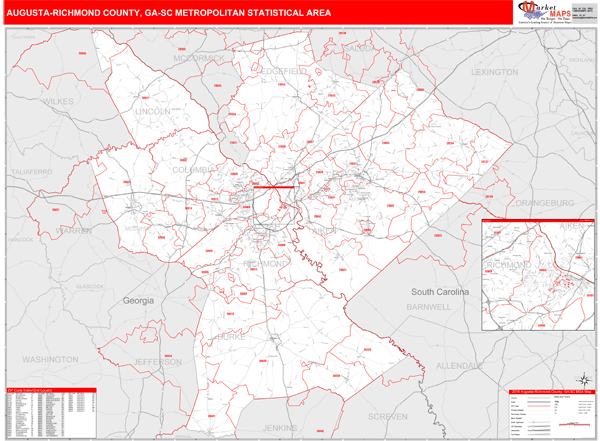Augusta-Richmond County, GA Metro Area Wall Map Red Line Style by ...