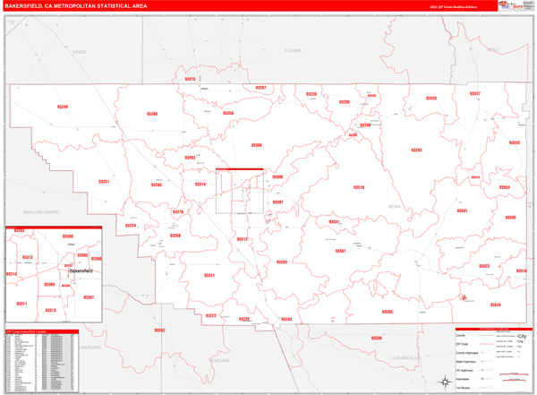 Bakersfield Metro Area Digital Map Red Line Style