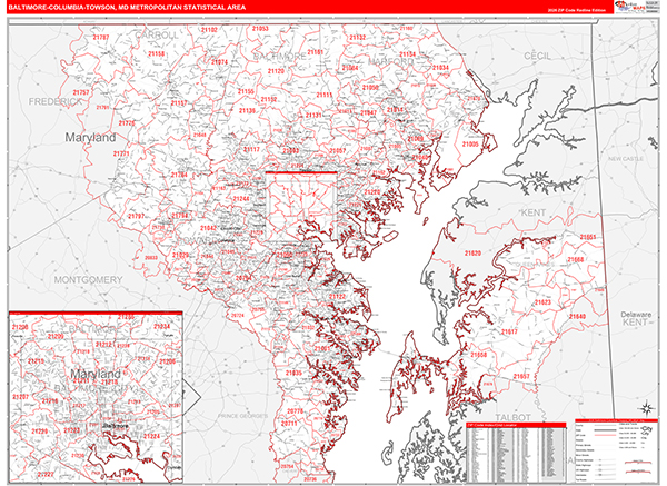 Baltimore-Columbia-Towson, MD Metro Area Wall Map Red Line Style by ...