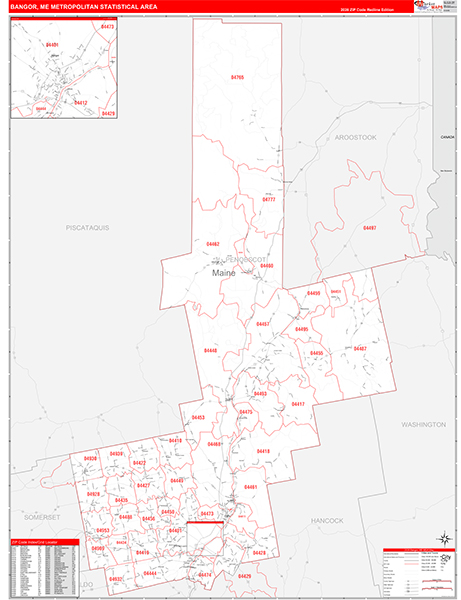 Bangor Metro Area Wall Map Red Line Style