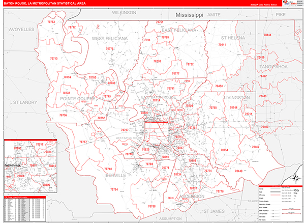 Baton Rouge, LA Metro Area Wall Map Red Line Style by MarketMAPS - MapSales