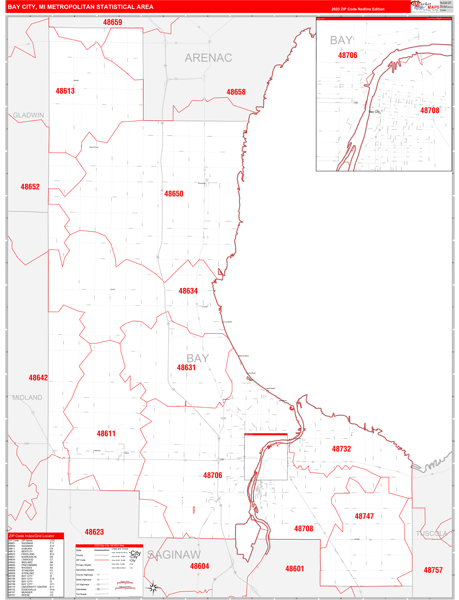 Bay City, MI Metro Area Wall Map Red Line Style by MarketMAPS - MapSales