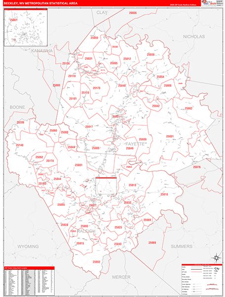 Beckley Metro Area Wall Map Red Line Style