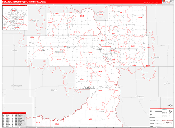 Bismarck Metro Area Wall Map Red Line Style