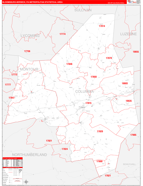 Bloomsburg-Berwick Metro Area, PA 5 Digit Zip Code Maps - Color Cast