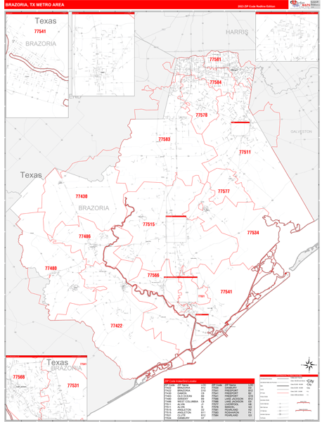 Brazoria Metro Area Wall Map Red Line Style