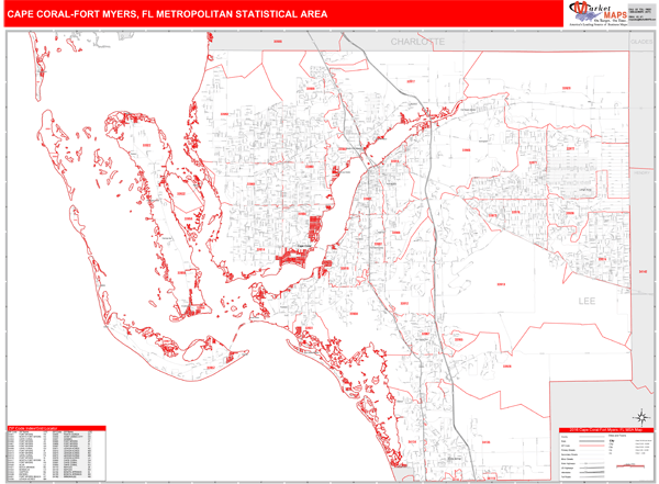 Cape Coral-Fort Myers, FL Metro Area Wall Map Red Line Style by ...