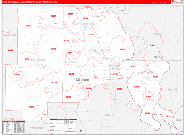 Cape Girardeau, MO Metro Area Wall Map Red Line Style by MarketMAPS ...