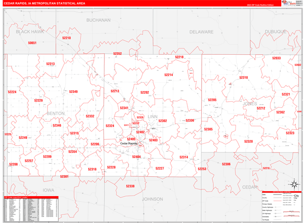 Cedar Rapids Metro Area, IA Zip Code Wall Map - Red Line