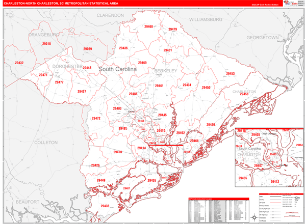 Charleston-North Charleston Metro Area, SC Zip Code Wall Map - Red 