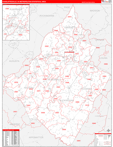 Charlottesville Metro Area Wall Map Red Line Style