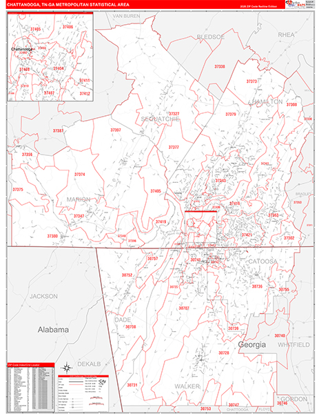 Chattanooga Metro Area Wall Map Red Line Style