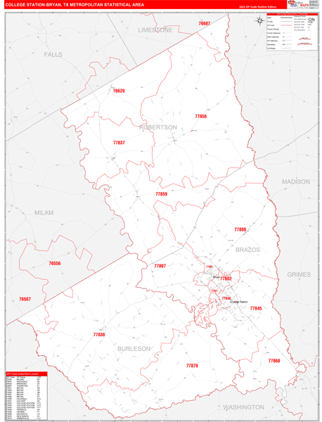 College Station-Bryan Metro Area, TX Zip Code Map - Red Line