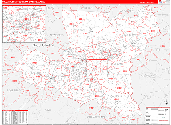 Columbia Metro Area Wall Map Red Line Style