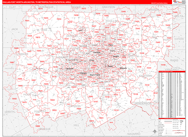 Dallas-Fort Worth-Arlington, TX Metro Area Zip Code Wall Map Red Line ...