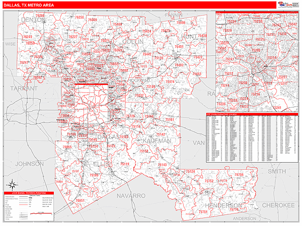 Dallas Metro Area Wall Map Red Line Style