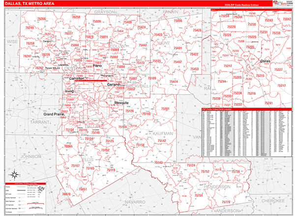 Dallas Metro Area Wall Map Red Line Style