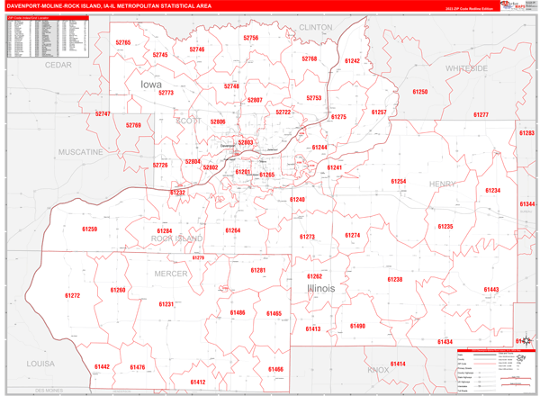 Davenport-Moline-Rock Island, IA Metro Area Wall Map Red Line Style by ...