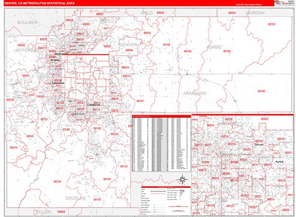 Denver Metro Area Wall Map Red Line Style