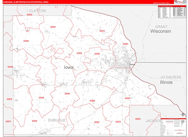 Dubuque Metro Area Wall Map Red Line Style