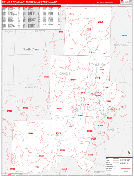 Durham-Chapel Hill, NC Metro Area Wall Map Red Line Style by MarketMAPS ...